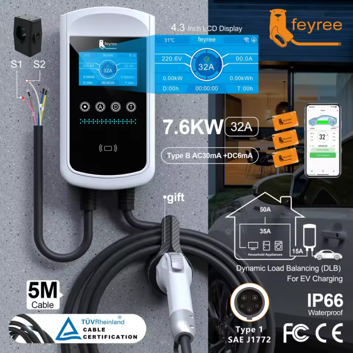 Зарядна станція для електромобіля Feyree 7,6кВт 32A Type 1