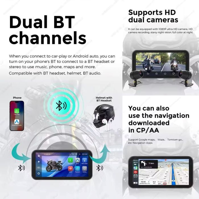 Сенсорний бездротовий екран CarPlay & Android Auto для мотоцикла з навігатором
